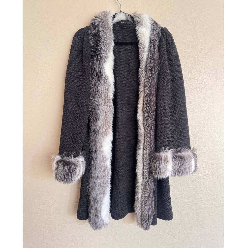 St John Gray Long Knit Sweater Coat Cardigan 10 Old Money Wool Mobwife Preppy